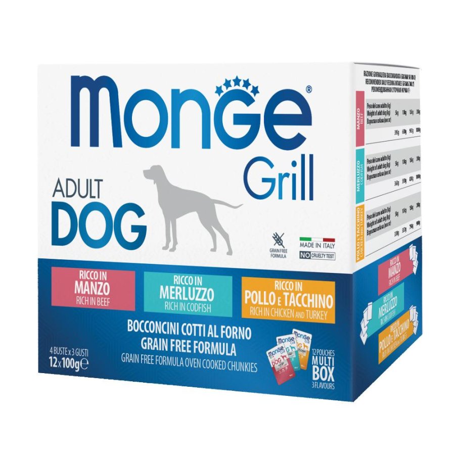 MONGE CANE GRILL ADULT GRAIN FREE BOCCONCINI MANZO/MERLUZZO/POLLO 12x100GR (bustina) MULTIPACK