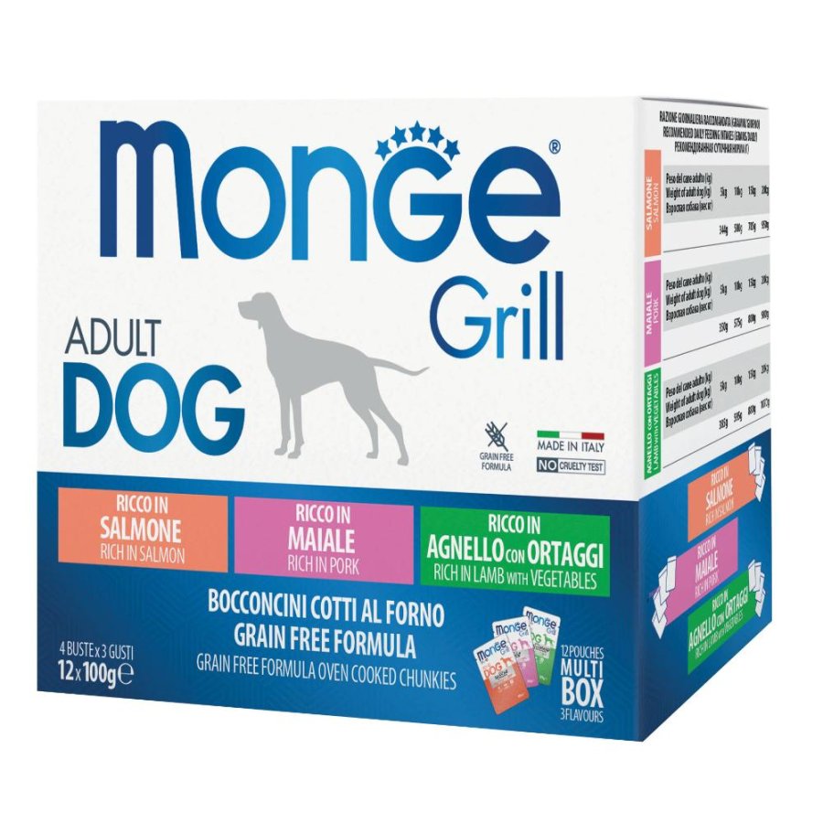 MONGE CANE GRILL ADULT GRAIN FREE BOCCONCINI SALMONE/MAIALE/AGNELLO 12x100GR (bustina) MULTIPACK