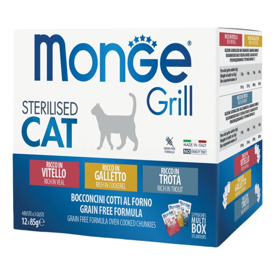 Monge Grill Sterilised Cat Bocconcini Cotti al Forno Mix Vitello Galletto Trota, 12 x 85 g Monge Grill Sterilised Cat Bocconcini Cotti al Forno Mix Vitello Galletto Trota, 12 x 85 g