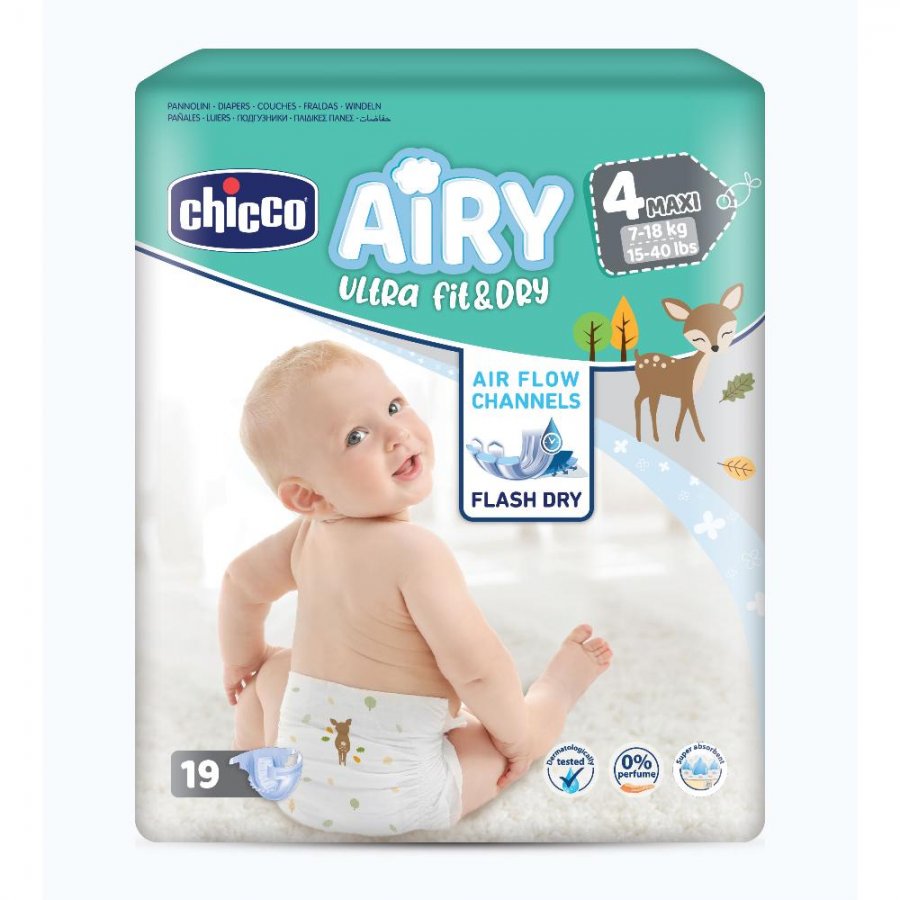 Chicco Airy Ultra Fit & Dry Pannolini Taglia 4 Maxi 8-18Kg 19 Pezzi - Protezione e Comfort per la Pelle del Tuo Bambino
