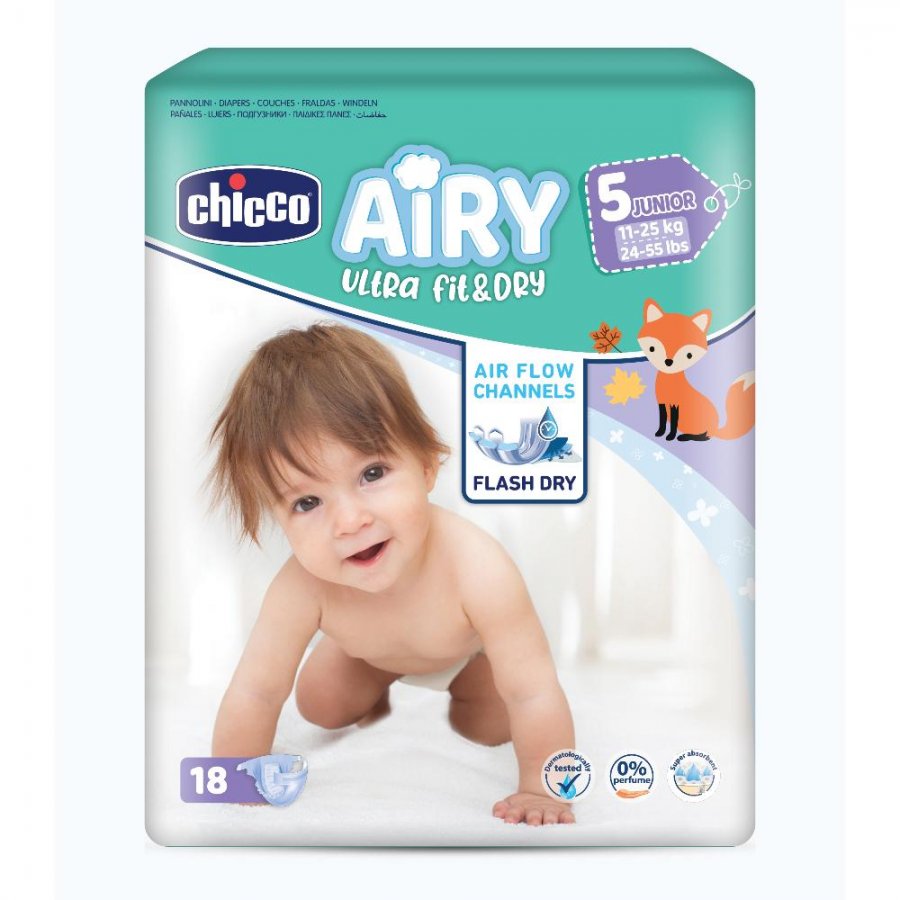 Chicco Airy Ultra Fit & Dry Pannolini Taglia 5 Maxi 12-25Kg 17 Pezzi - Protezione e Comfort per la Pelle del Tuo Bambino