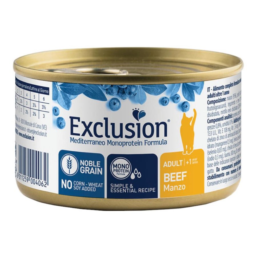 EXCLUSION GATTO MEDITERRANEO MONOPROTEICO NOBLE GRAIN ADULT MANZO 85GR (lattina)