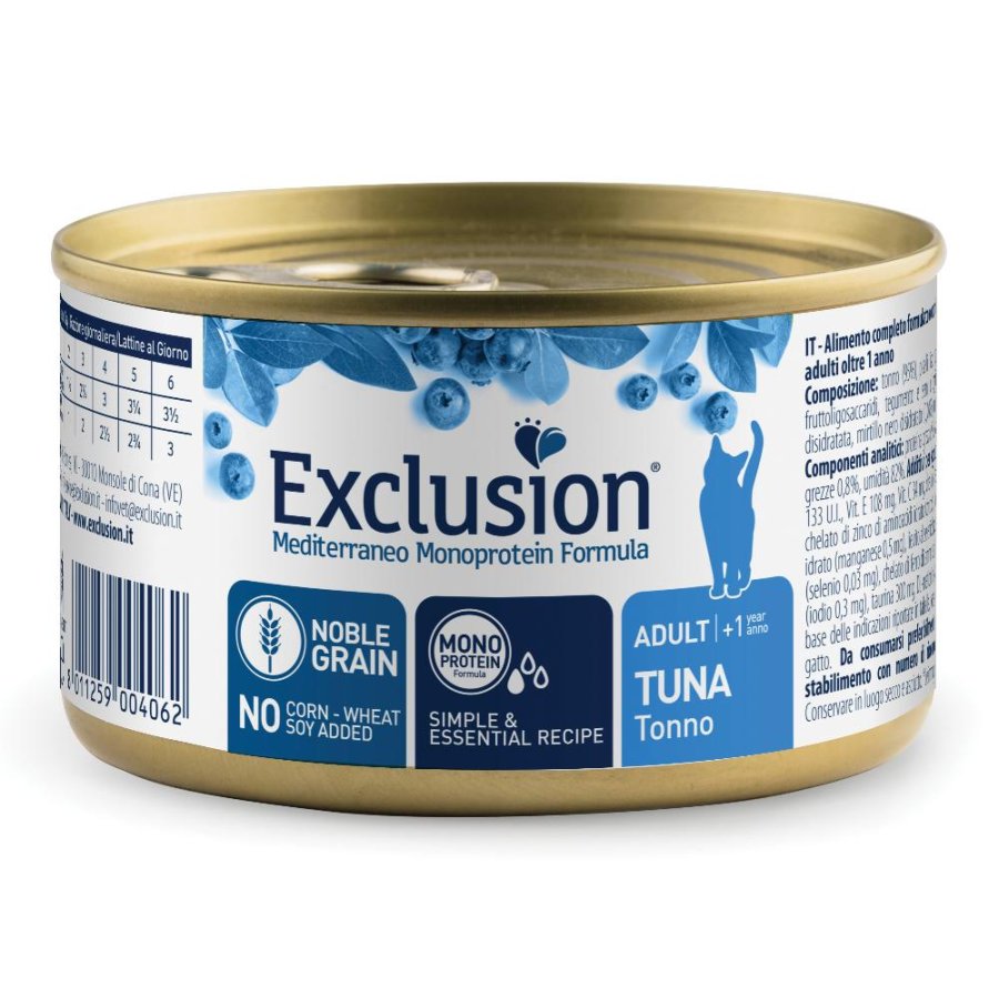 EXCLUSION GATTO MEDITERRANEO MONOPROTEICO NOBLE GRAIN ADULT TONNO 85GR (lattina)