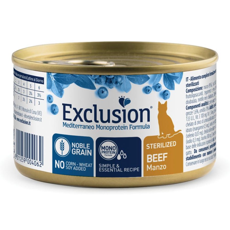 EXCLUSION GATTO MEDITERRANEO MONOPROTEICO NOBLE GRAIN STERILIZED MANZO 85GR (lattina)