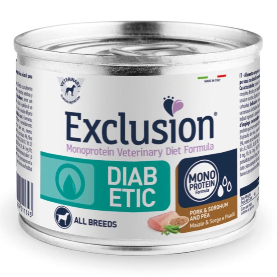 EXCLUSION CANE DIET DIABETIC ALL BREEDS ADULT MAIALE SORGO PISELLI 200GR (lattina)