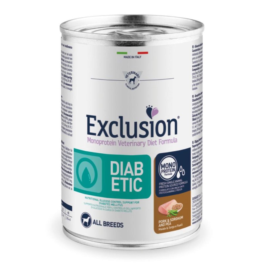 EXCLUSION CANE DIET DIABETIC ALL BREEDS ADULT MAIALE SORGO PISELLI 400GR (lattina)