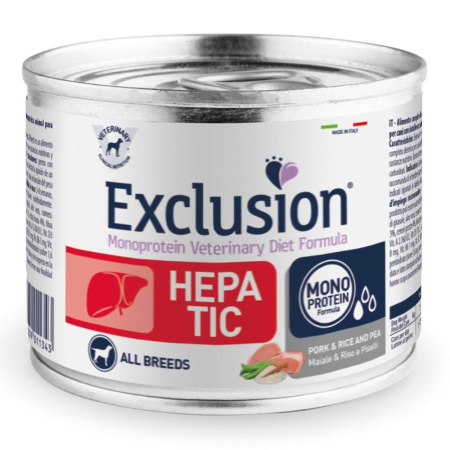 EXCLUSION CANE DIET HEPATIC ALL BREEDS ADULT MAIALE RISO PISELLI 200GR (lattina)