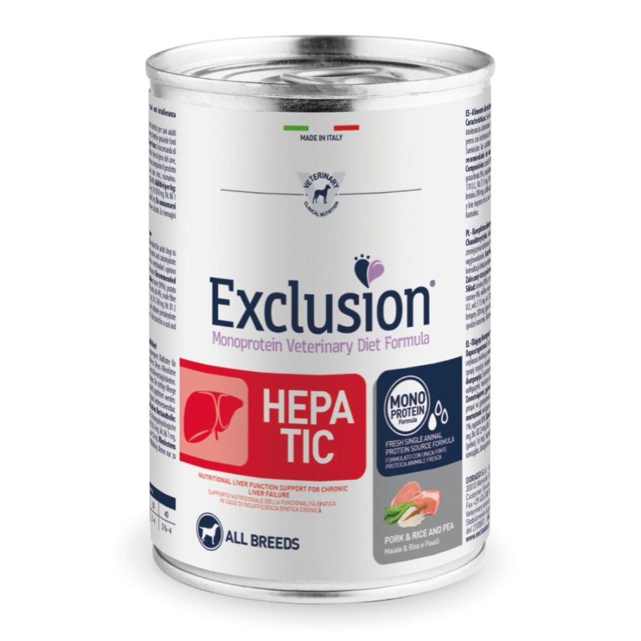 EXCLUSION CANE DIET HEPATIC ALL BREEDS ADULT MAIALE RISO PISELLI 400GR (lattina)