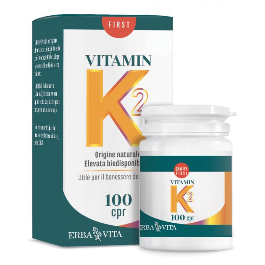 Erba Vita Vitamin K2 100 Compresse - Integratore Alimentare per la Salute delle Ossa e Coagulazione del Sangue