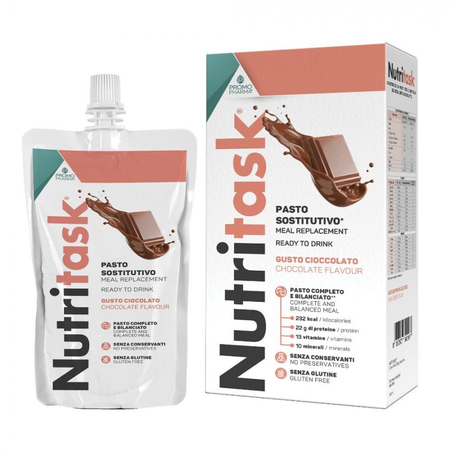 Nutritask - Pasto Sostitutivo Gusto Cioccolato 2 Pouch da 220g per una Nutrizione Equilibrata e Golosa