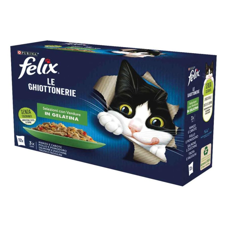 NESTLE' PURINA FELIX GATTO GHIOTTONERIE JELLY SELEZIONI MANZO/POLLO/SALMONE/TROTA 12x85GR (bustina) MULTIPACK