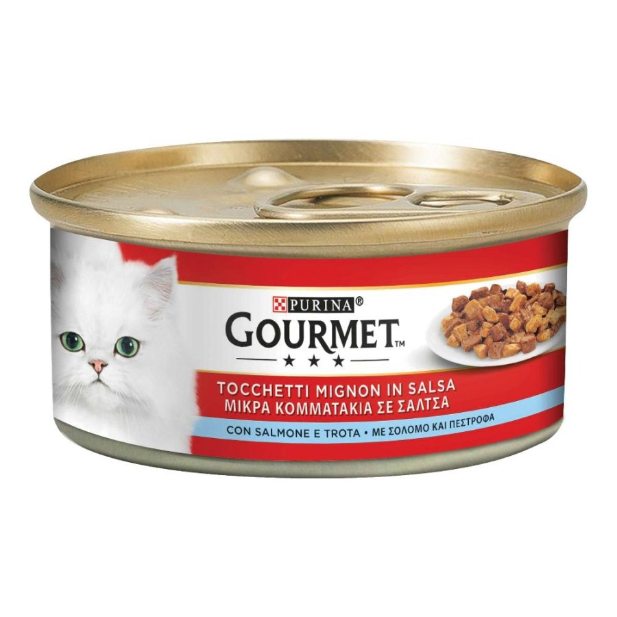 NESTLE' PURINA GOURMET GATTO TOCCHETTI MIGNON IN SALSA SALMONE TROTA 195GR (lattina)