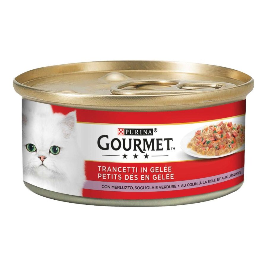 NESTLE' PURINA GOURMET GATTO TRANCETTI IN GELEE JELLY MERLUZZO SOGLIOLA VERDURE 195GR (lattina)