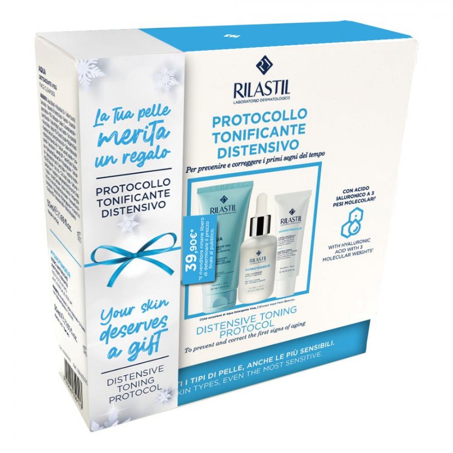 Rilastil Cofanetto Protocollo Tonificante Distensivo Viso - Aqua Detergente 50ml + Siero 30ml + Crema 15ml - Prevenzione e Correzione dei Segni del Tempo