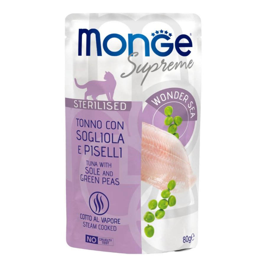 MONGE GATTO SUPREME STERILISED TONNO SOGLIOLA PISELLI 80GR (bustina)