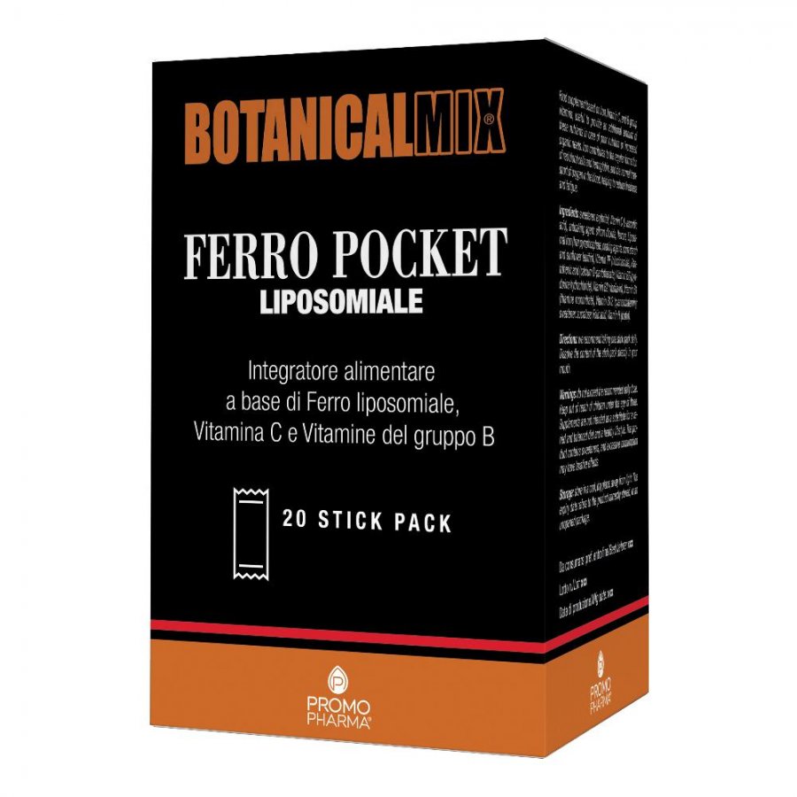 Botanical Mix - Ferro Pocket Liposomiale 20 Stick, Integratore di Ferro Liposomiale in Pratiche Bustine