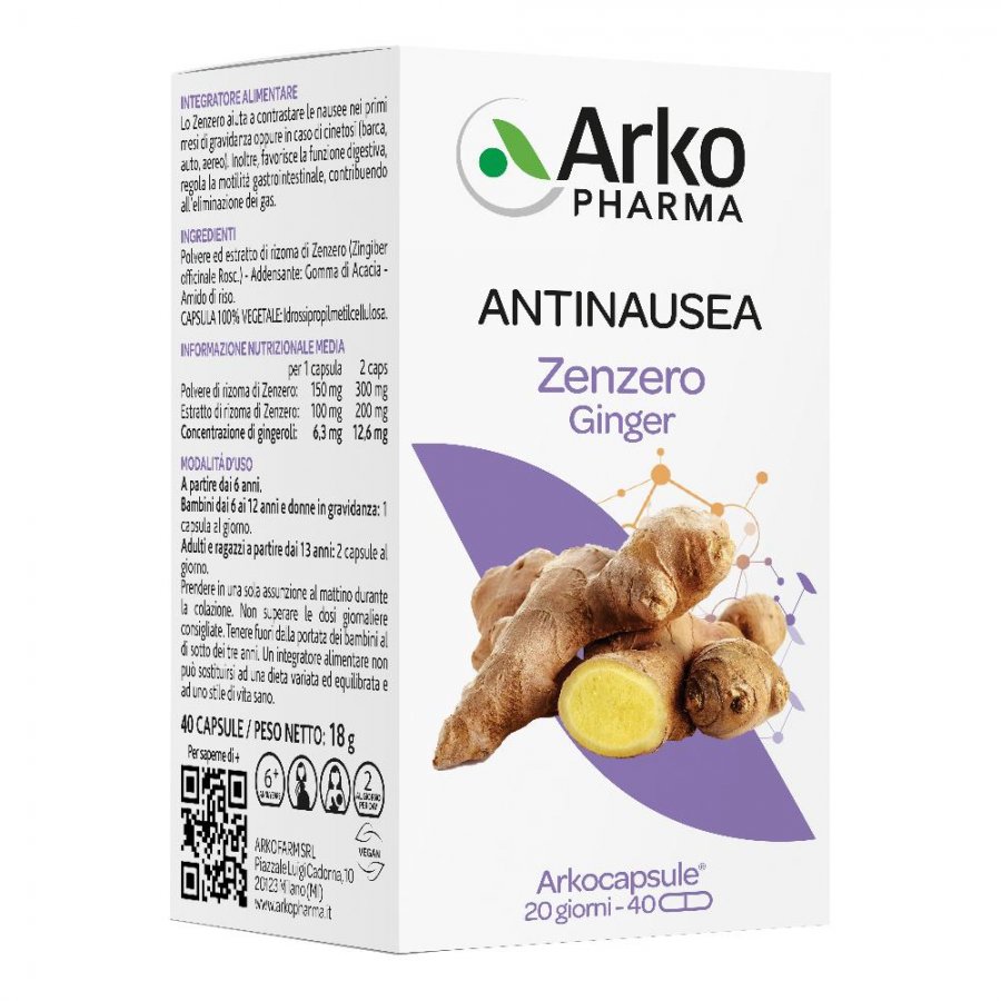 Arkopharma Zenzero Bio 40 Capsule - Integratore Alimentare di Zenzero Bio Antinausea