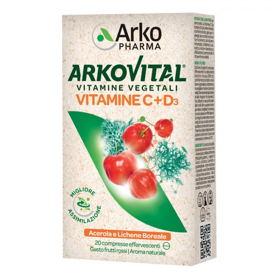 Arkovital Vitamine C+D3 Effervescenti Gusto Frutti Rossi 20 Compresse - Integratore di Vitamine C+D3