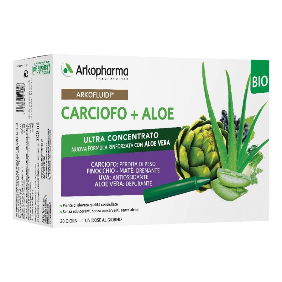 Arkofluidi Carciofo + Aloe Vera 20 Flaconcini Da 200g - Integratore Alimentare per Depurazione e Benessere