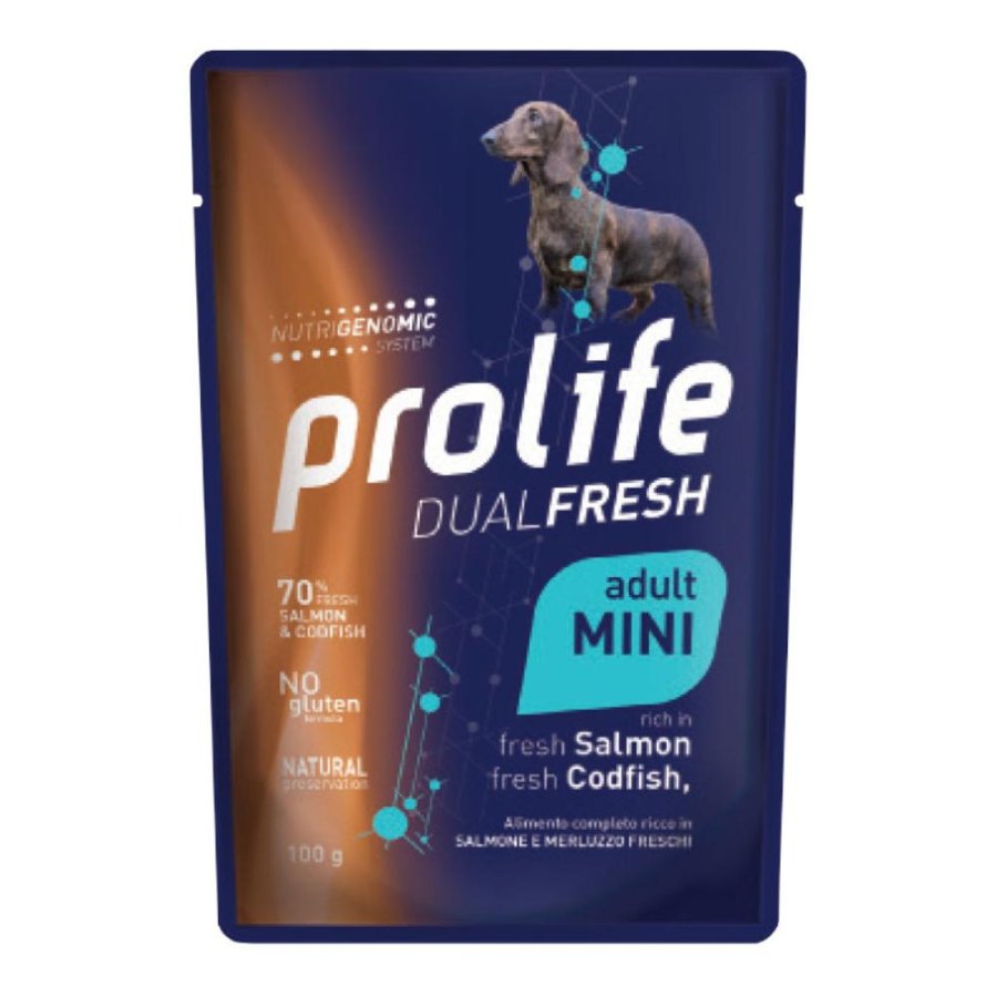 PROLIFE CANE DUALFRESH MINI ADULT SALMONE MERLUZZO 100GR (bustina)