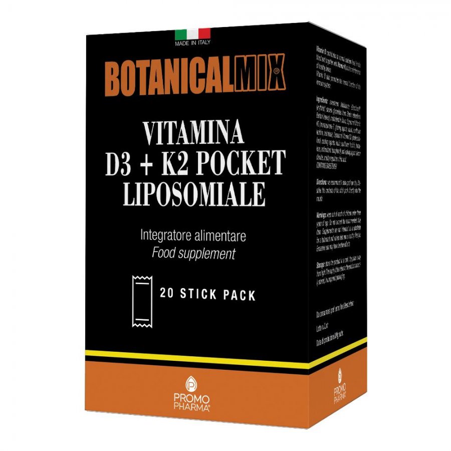 Botanical Mix - Vitamina D3+K2 Pocket Liposomiale 20 Stick Pack da 1g, Integratore Liposomiale di Vitamina D3 e K2