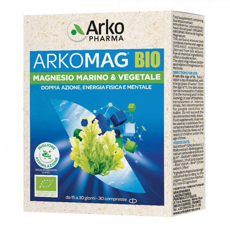 Arkomag Bio Magnesio Marino Vegetale 30 Compresse - Integratore Alimentare con Estratto di Lattuga di Mare