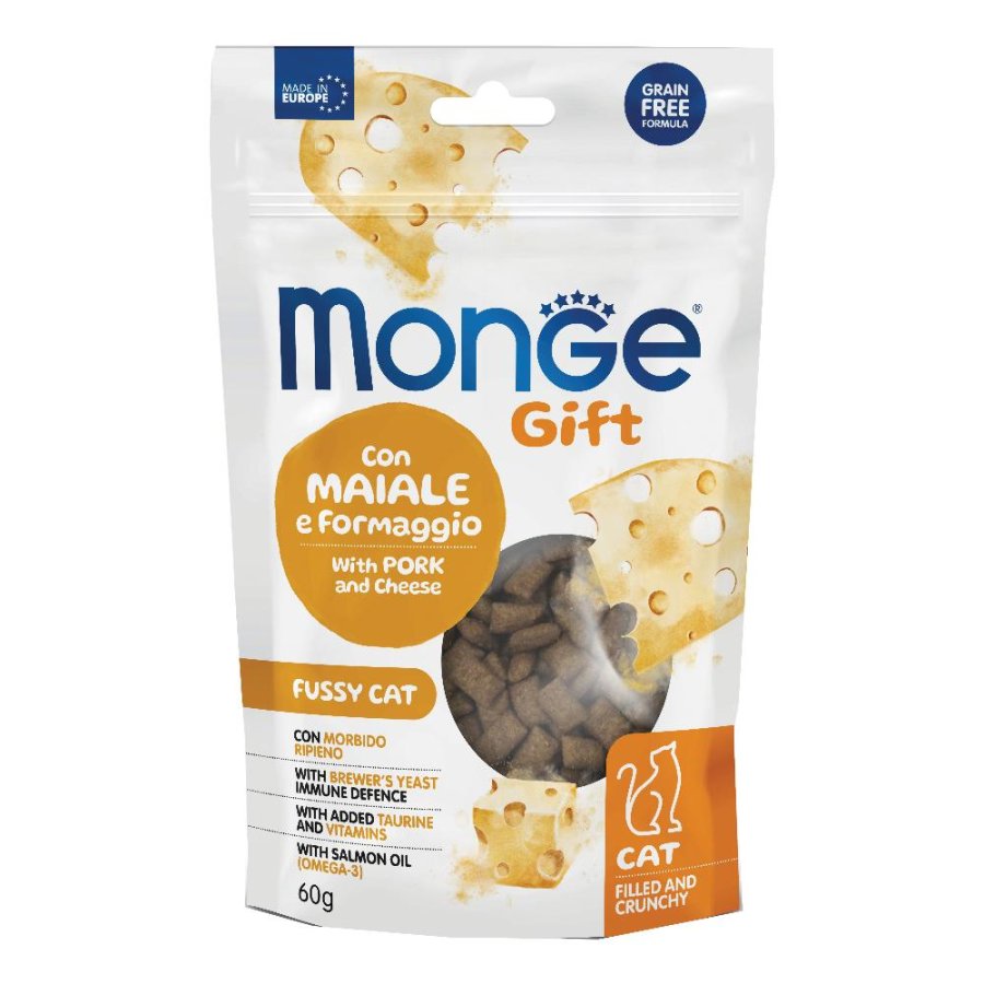 MONGE GATTO SNACK GIFT FUSSY CAT (APPETITO DIFFICILE) FILLED CRUNCHY MAIALE FORMAGGIO 60GR