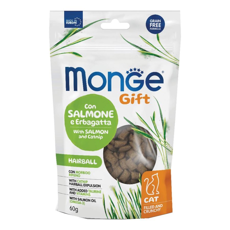 MONGE GATTO SNACK GIFT HAIRBALL FILLED CRUNCHY SALMONE ERBA GATTA 60GR