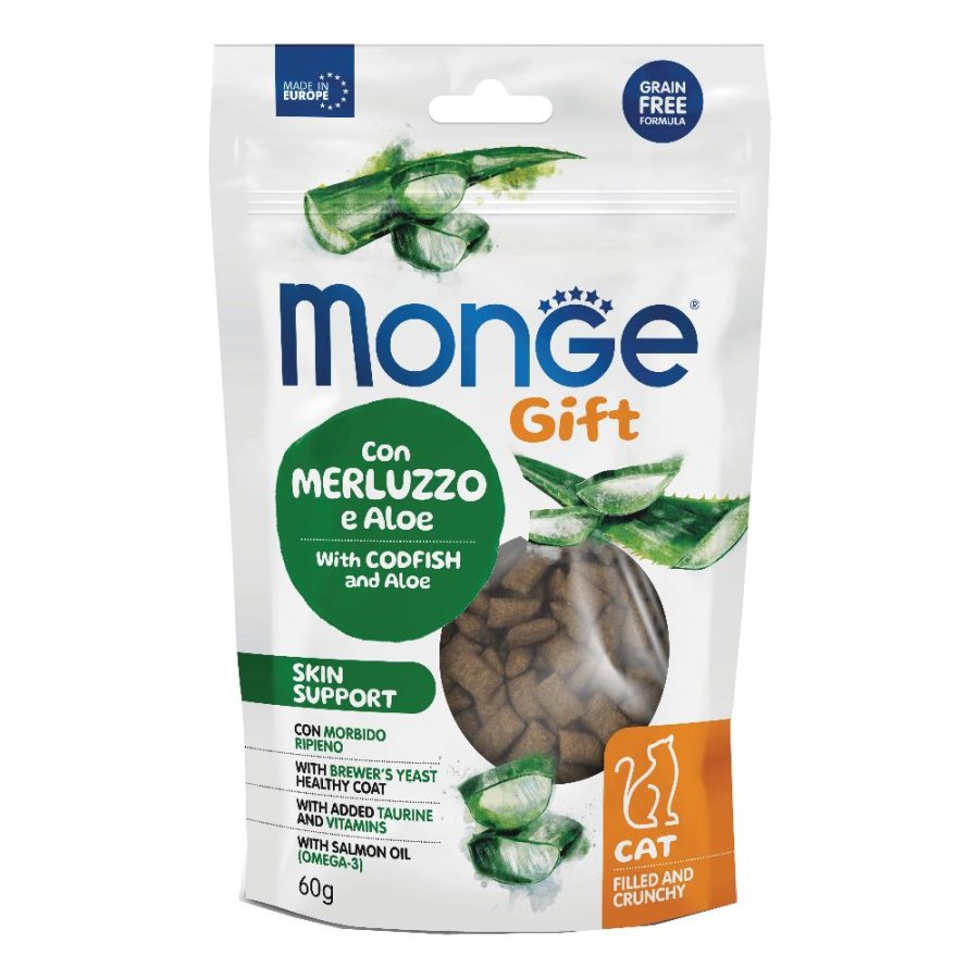 MONGE GATTO SNACK GIFT SKIN SUPPORT FILLED CRUNCHY MERLUZZO ALOE 60GR