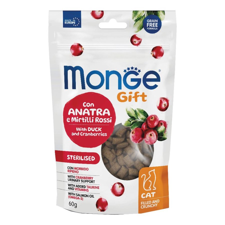 MONGE GATTO SNACK GIFT STERILISED FILLED CRUNCHY ANATRA MIRTILLI ROSSI 60GR