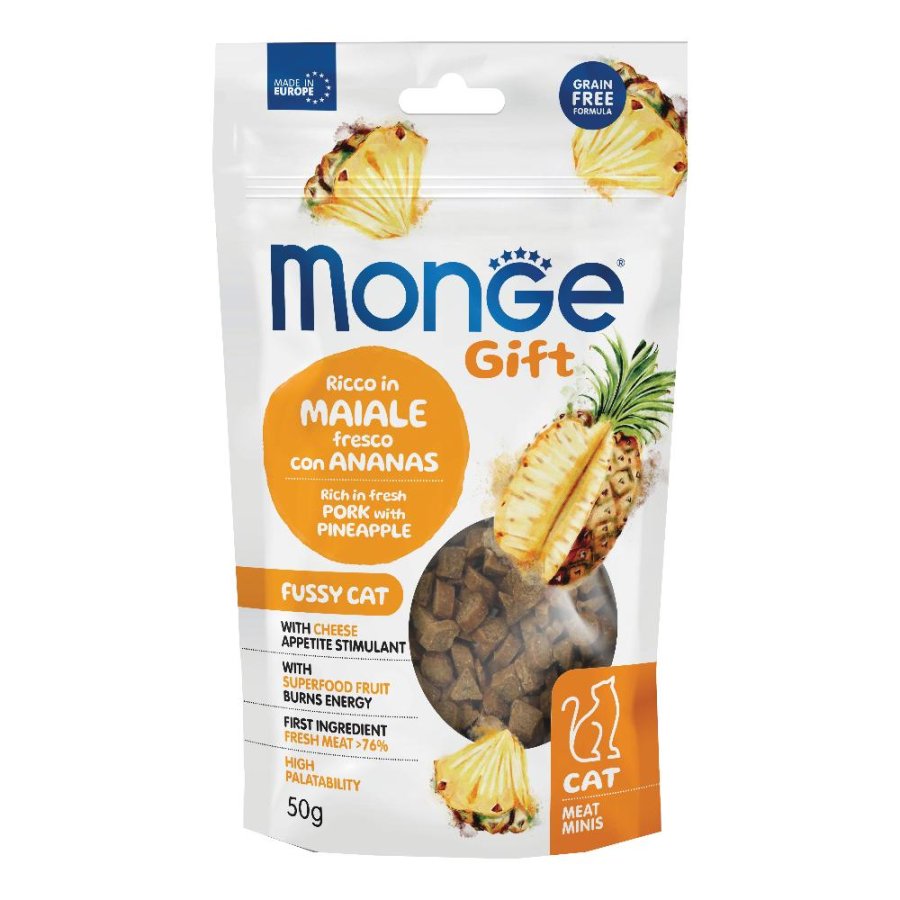 MONGE GATTO SNACK GIFT FUSSY CAT (APPETITO DIFFICILE) MEAT MINIS MAIALE ANANAS 50GR