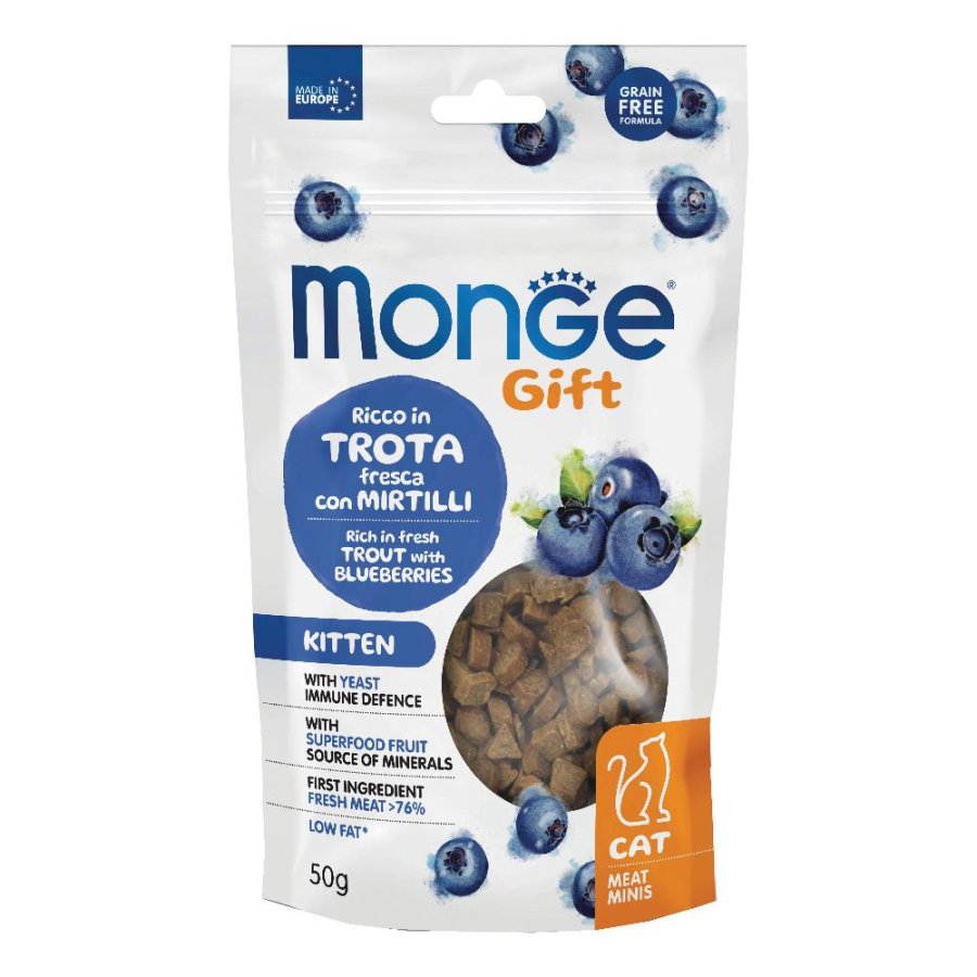 MONGE GATTO SNACK GIFT KITTEN MEAT MINIS TROTA MIRTILLI 50GR
