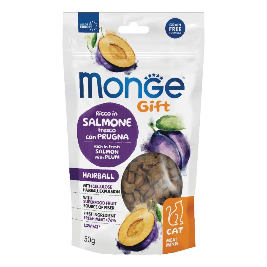 MONGE GATTO SNACK GIFT MEAT MINIS HAIRBALL SALMONE PRUGNA 50GR