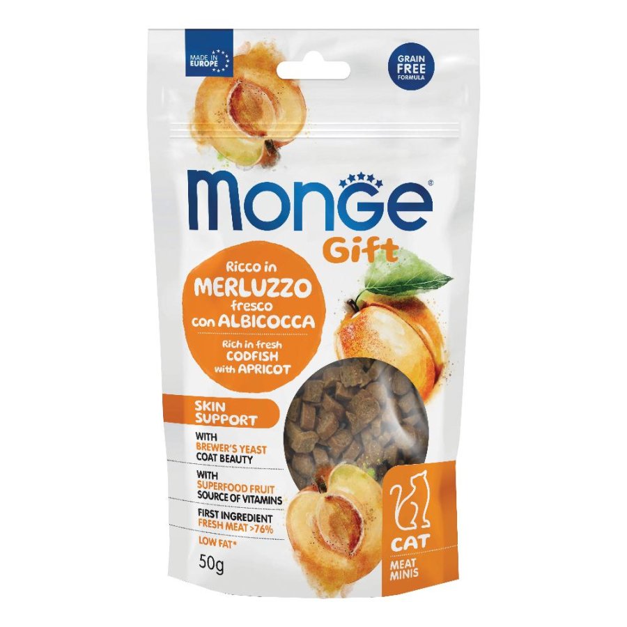 MONGE GATTO SNACK GIFT MEAT MINIS SKIN SUPPORT MERLUZZO ALBICOCCA 50GR