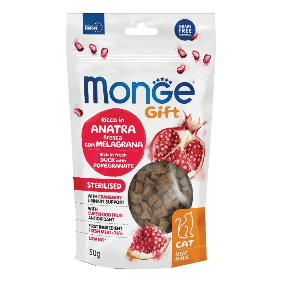MONGE GATTO SNACK GIFT MEAT MINIS STERILISED ANATRA MELAGRANA 50GR