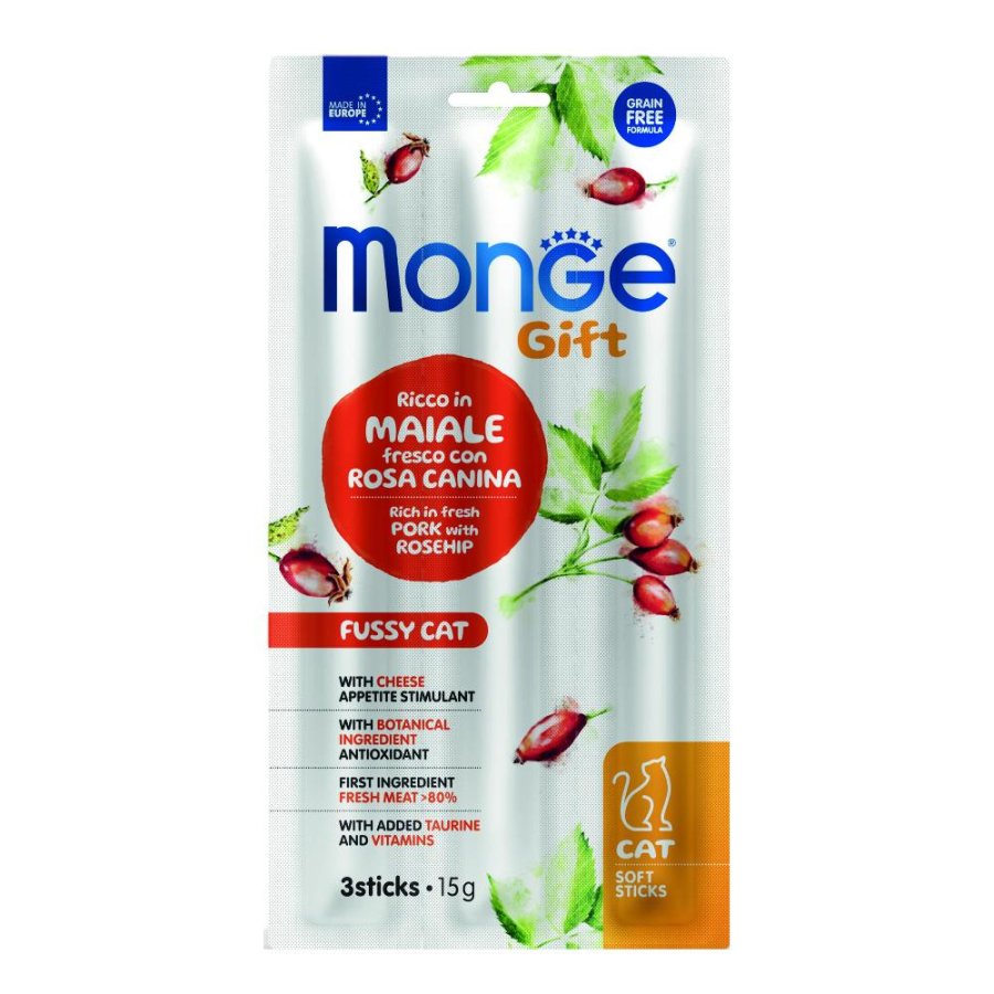 MONGE GATTO SNACK GIFT FUSSY CAT (APPETITO DIFFICILE) SOFT STICKS MAIALE ROSA CANINA 3PZ 15GR