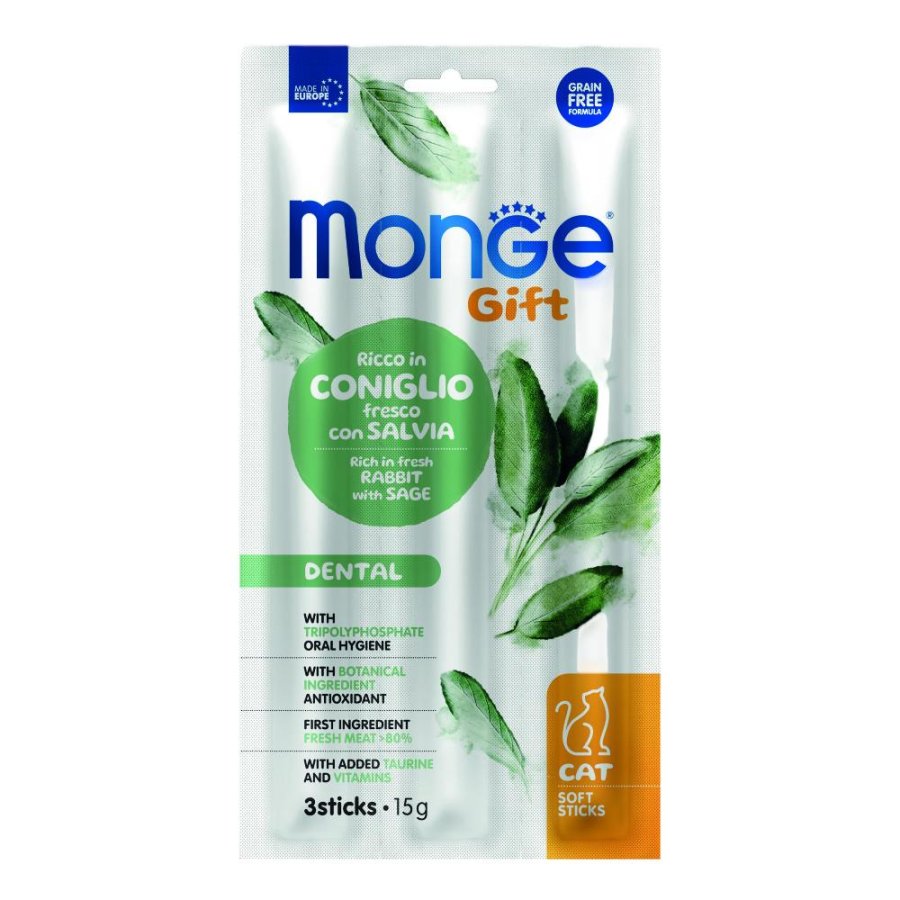 MONGE GATTO SNACK GIFT DENTAL SOFT STICKS CONIGLIO SALVIA 3PZ 15GR