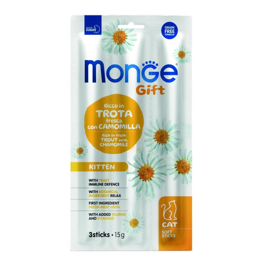 MONGE GATTO SNACK GIFT KITTEN SOFT STICKS TROTA CAMOMILLA 3PZ 15GR