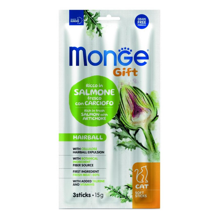 MONGE GATTO SNACK GIFT HAIRBALL SOFT STICKS SALMONE CARCIOFO 3PZ 15GR