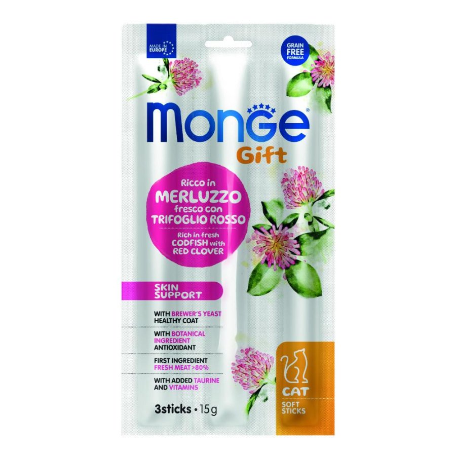 MONGE GATTO SNACK GIFT SKIN SUPPORT SOFT STICKS MERLUZZO TRIFOGLIO ROSSO 3PZ 15GR