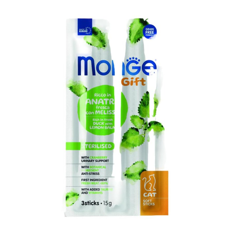 MONGE GATTO SNACK GIFT STERILISED SOFT STICKS ANATRA MELISSA 3PZ 15GR
