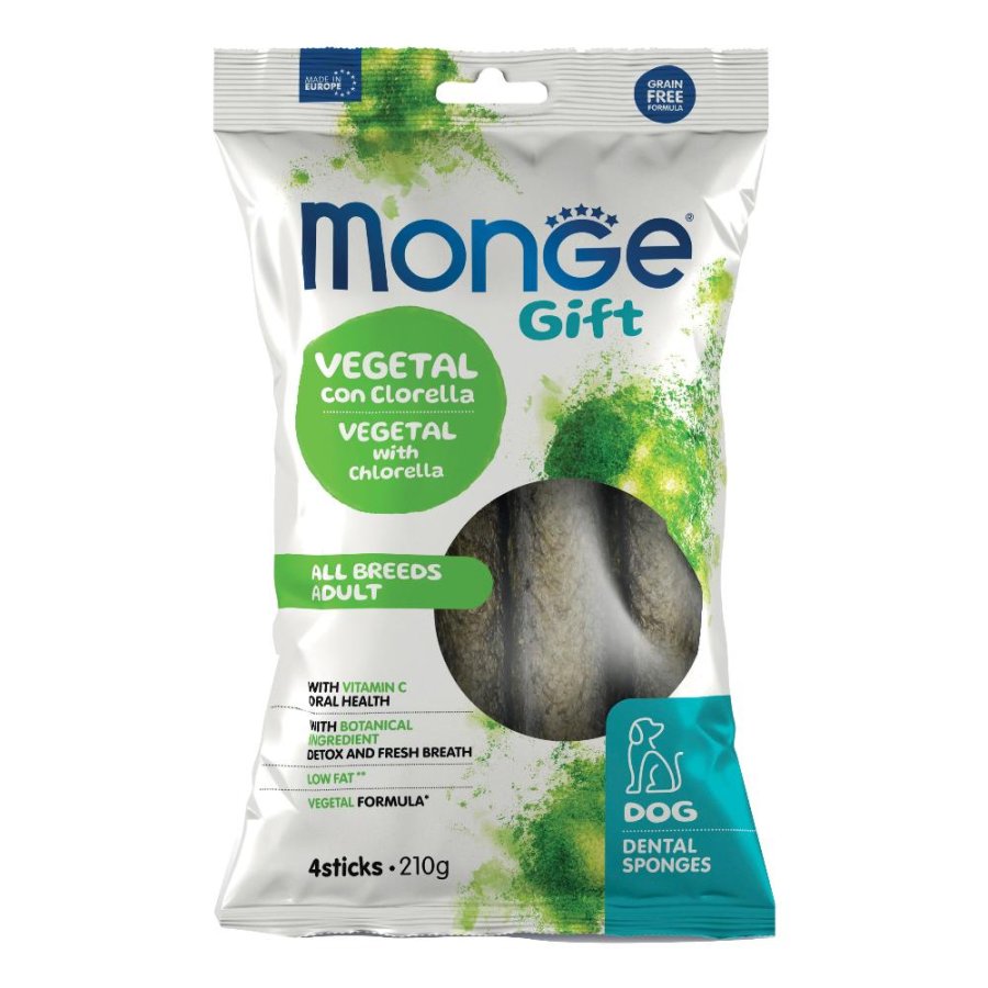MONGE CANE SNACK GIFT ALL BREEDS ADULT DENTAL SPONGES VEGETAL CLORELLA 4PZ 210GR