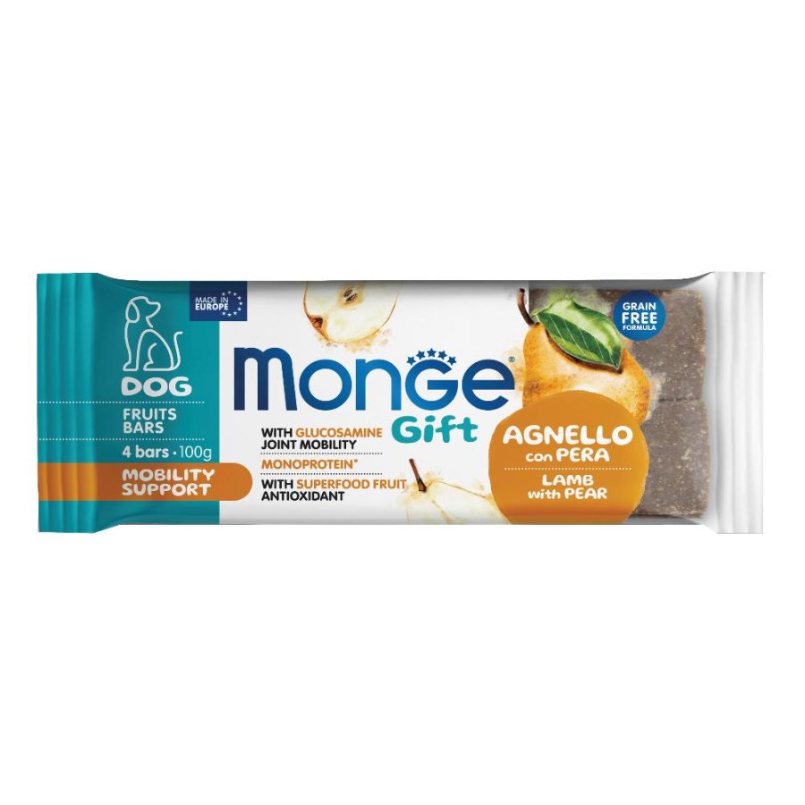 MONGE CANE SNACK GIFT FRUITS BARS MOBILITY SUPPORT AGNELLO PERA 4PZ 100GR