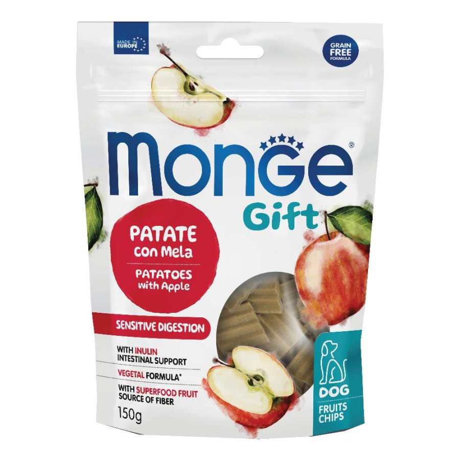MONGE CANE SNACK GIFT SENSITIVE DIGESTION FRUITS CHIPS PATATE MELA 150GR