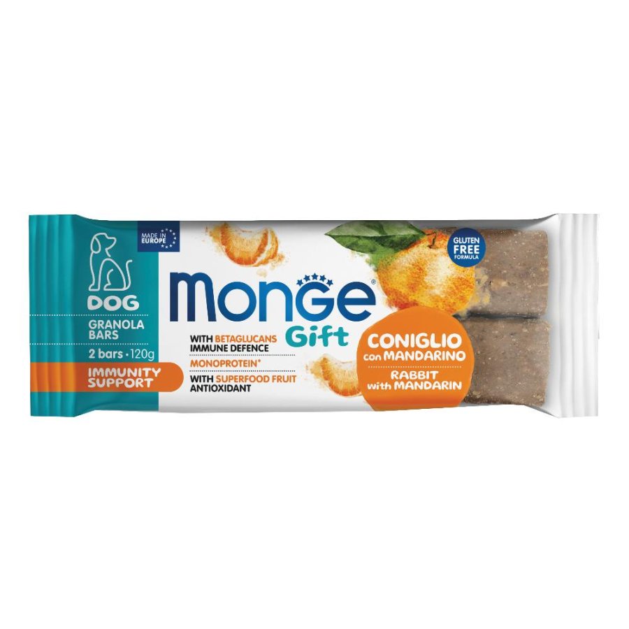 MONGE CANE SNACK GIFT GRANOLA BARS IMMUNITY SUPPORT CONIGLIO MANDARINO 2PZ 120GR