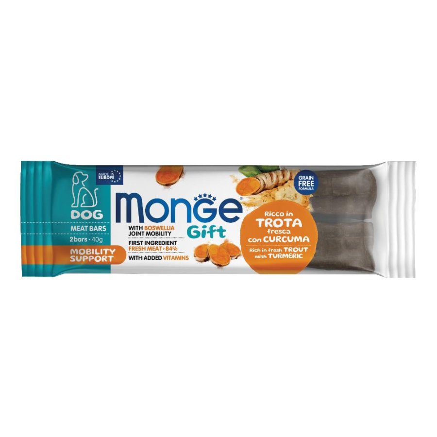 MONGE CANE SNACK GIFT MEAT BARS MOBILITY SUPPORT TROTA CURCUMA 2PZ 40GR