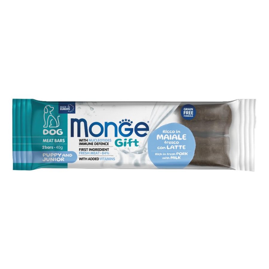 MONGE CANE SNACK GIFT MEAT BARS PUPPY/JUNIOR MAIALE LATTE 2PZ 40GR