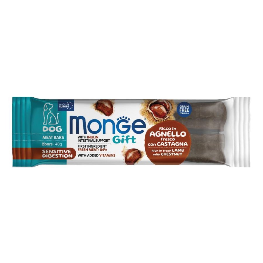 MONGE CANE SNACK GIFT MEAT BARS SENSITIVE DIGESTION AGNELLO CASTAGNA 2PZ 40GR