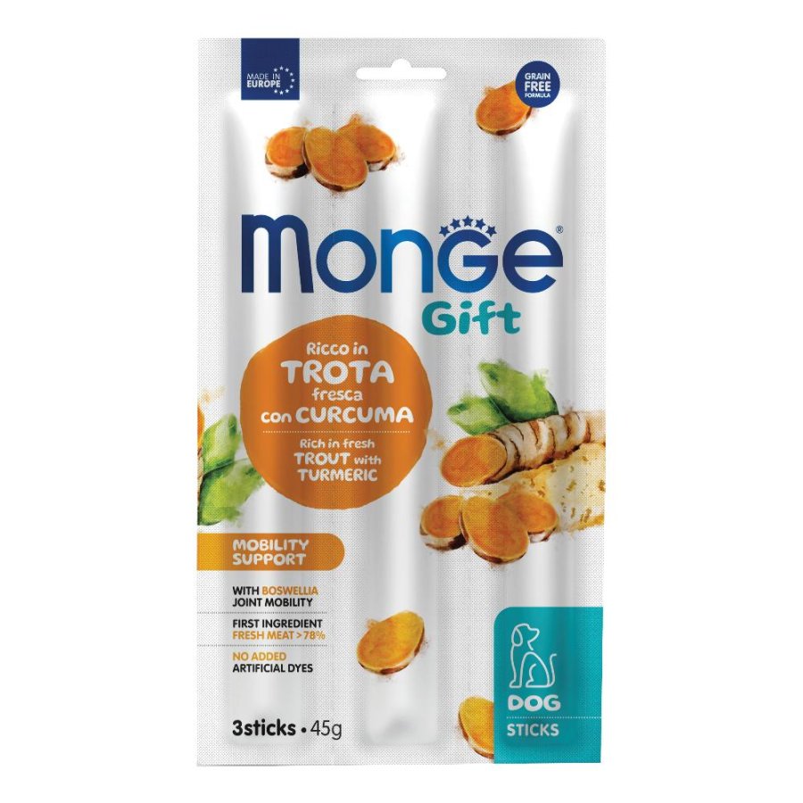 MONGE CANE SNACK GIFT MOBILITY SUPPORT STICKS TROTA CURCUMA 3PZ 45GR