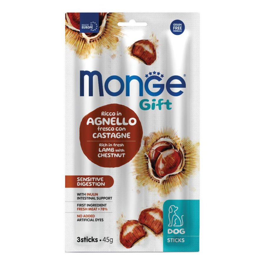 MONGE CANE SNACK GIFT SENSITIVE DIGESTION STICKS AGNELLO CASTAGNE 3PZ 45GR